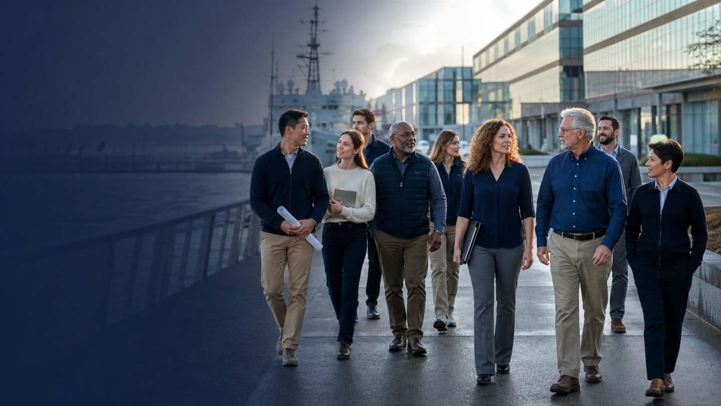 Naval engineering professionals gathered at a coastal campus