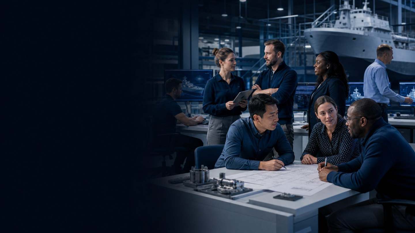 Diverse team of naval engineering and business professionals