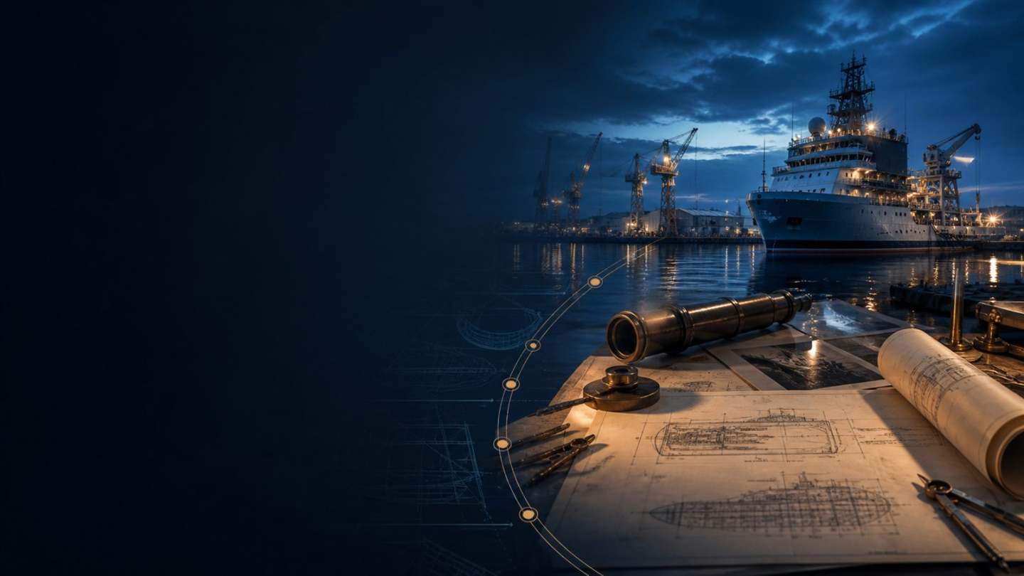 Naval engineering drawings blending into a modern shipyard
