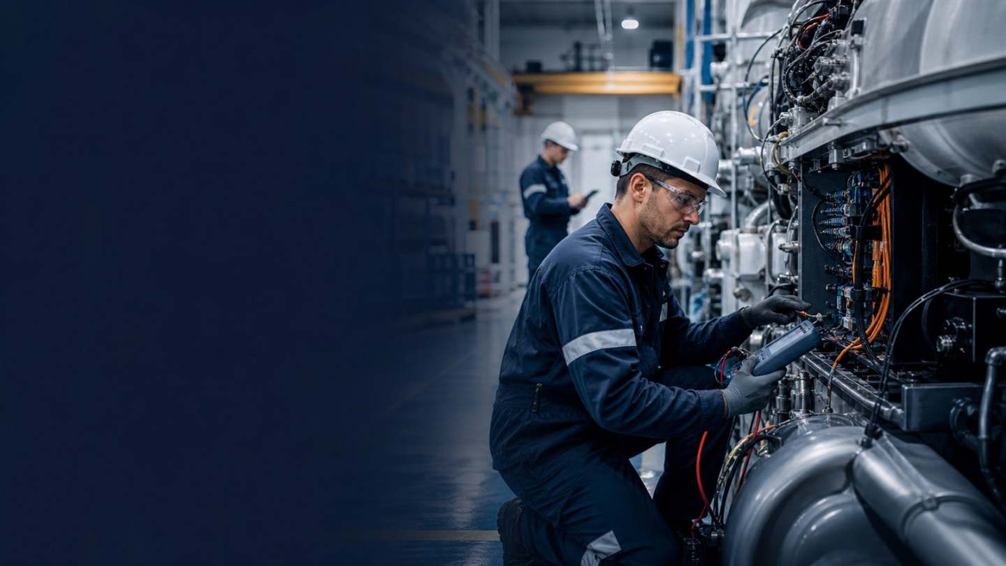 Technicians maintaining marine electromechanical equipment