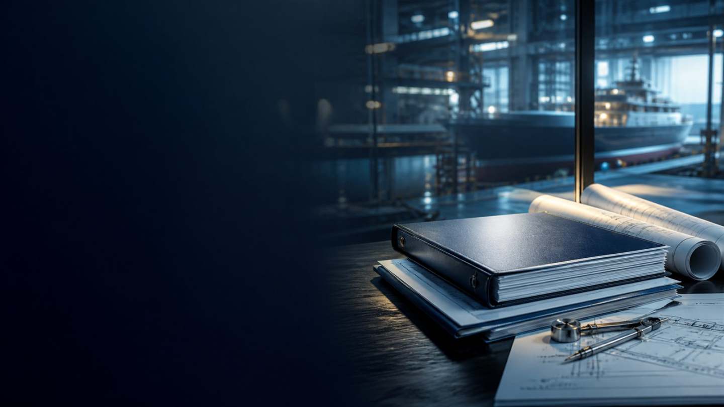 Organized technical documents and precision drafting instruments